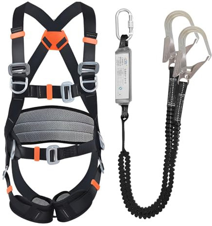 FIYSON Ceinture de sécurité anti-chute et anti-chute, mousqueton réglable en acier allié à 5 points, double ceinture de sécurité, utilisée pour l'escalade en plein air, l'alpinisme (Noir)