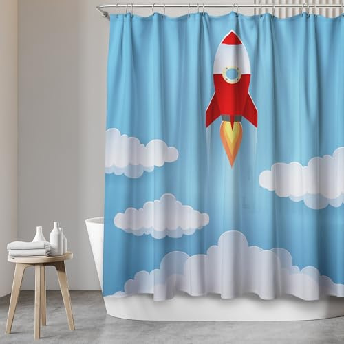 SANFINO Duschvorhang 180x200 inkl. 12 Ringe - Wasserdichter Duschvorhang mit Motiv für Badewanne und Dusche, Anti-Schimmel Duschvorhang Textil, Antibakteriell & Öko-Tex Zertifiziert - Rocket
