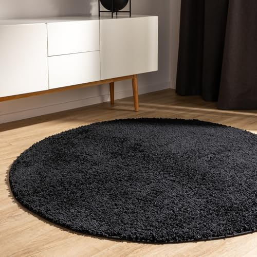 benuta Basic Hochflorteppich Teppich Wohnzimmer Sohari - Schwarz 200 cm Rund - Minimalistischer Look - Weich & Waschbar - Für Schlafzimmer, Flur oder Esszimmer - Geeignet für Fußbodenheizung