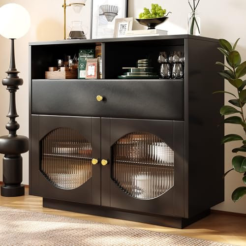 LERFAN Armoire de cuisine avec portes en verre - Armoire de rangement buffet moderne pour cuisine, salle à manger, salon - 100 x 40 x 90,5 cm (l x P x H) - Noir