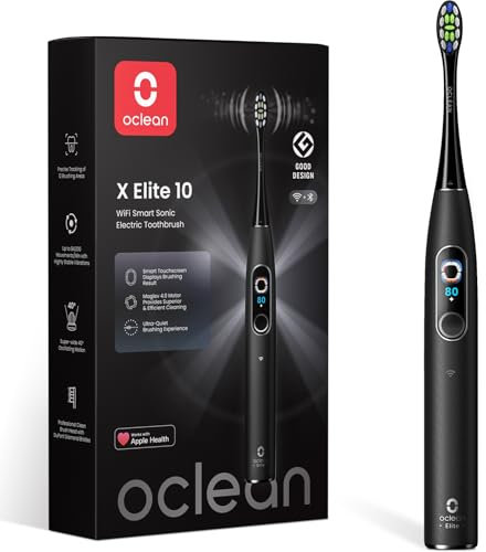 Oclean elektrische Zahnbürste X Elite 10, Touchscreen mit 12 Bereichsverfolgung, 5 Putzmodi Schallzahnbürste mit Timer, 40 Tage Akkulaufzeit Sonic Electric Toothbrush, 45dB, Schwarz