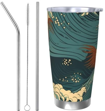FHEBNDS Gobelet isotherme à double paroi sous vide de 591 ml avec couvercle et paille – Tasse à café isotherme à double paroi sous vide – Papier peint de vague japonaise – Tasse de voyage étanche pour
