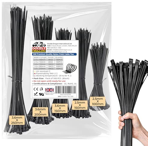Double Dragon 500-Pack Nylon Cable Ties – 5 Sizes (100 Each): 2.5x100mm, 2.5x150mm, 3.6x150mm, 3.6x200mm, 3.6x250mm | UV-Resistant | 94V-2 | CE • RoHS • UL