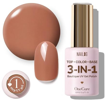 NAILOG OneCure Gel Nail Polish 12ml | Top Coat Color Gel Base 3-In-1 Formula Soak Off UV Polish for Home DIY & Gifting | Brown Sugar