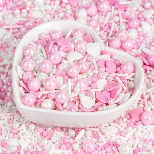 Edible Heart Sprinkles for Cake Decorating,White Pink Pearl Sugar Jimmies Mix 130g,Baking Candy Decorations,Cupcake Toppers,Cookie Donuts Ice Cream Dessert,Wedding Birthday Party Supplies