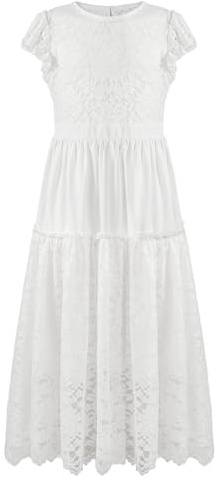 Rolanko Flower Girls Lace Dress First Holy Communion Prom Party Wedding Ruffle Sleeve Princess Long Maxi Dresses, White, 9-10 Years, 140