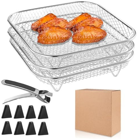 Lot de 3 grille air fryer,Rack de Friteuse à Air Empilable,grille pour air fryer avec 8 pieds en silicone, 1 pince,panier air fryer pour Air Fryer, Four, Press Cooker, Accessoires Carrés