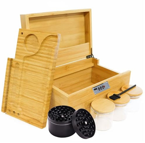 Large Bamboo Wooden Stash Box with combination Lock, Rolling Tray and Glass Storage Jars and Grinder - Wood Storage Rolling Set with Lock and Smoking Accessories Kit