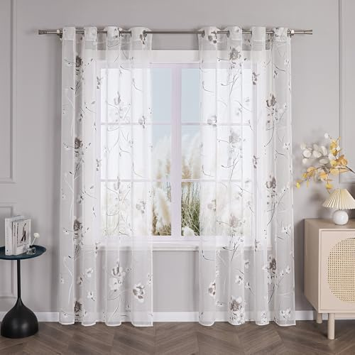 Yujiao Mao Rideau Voilage Blanc Fleuri pour Fenêtre L140 x H245 cm, 1 Pièce | Rideau bohème, transparent à œillets, décoration fenêtre pour salon, chambre et salle à manger, motif floral, style japonais