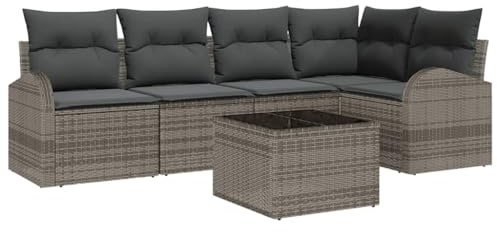 vidaXL Garten-Sofa-Set mit Kissen 6 pcs Grau Poly Rattan, Garten und Terrasse, modernes Lounge-Set, strapazierfähige rechteckige Sectional, verstellbare Füße, UV-beständig