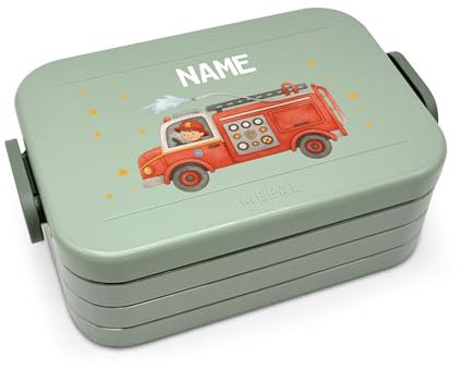 printplanet® Personalisierbare Brotdose „Layout Feuerwehr“ – Lunchbox/Bento Box von Mepal – mit eigenem Namen oder Wunschtext – Farbe Nordic Sage – BPA-frei – Geschenkidee