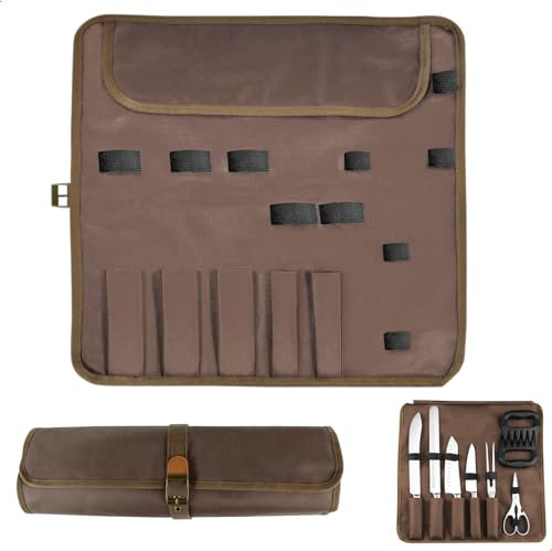Bolsa para Cuchillos de Chef, Funda Cuchillos Cocina con 7 Compartimentos, Bolsa Portátil para Cuchillos de Chef, Impermeable Protector de Cuchillos Estuche para Camping Senderismo, 1 Pieza, Café
