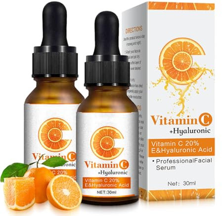 Vitamin C Serum für Gesicht, Anti-Aging Gesichtsserum mit Hyaluronsäure, Feuchtigkeitsserum gegen Pigmentflecken, Pickelmale und Altersflecken (2Stk)