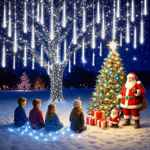 Harnyles Christmas Lights 16 Tube Icicle Lights Outdoor Meteor Shower Light Christmas Decorations for Xmas Tree Party Wedding New Year Thanksgiving Day Halloween Decoration, White