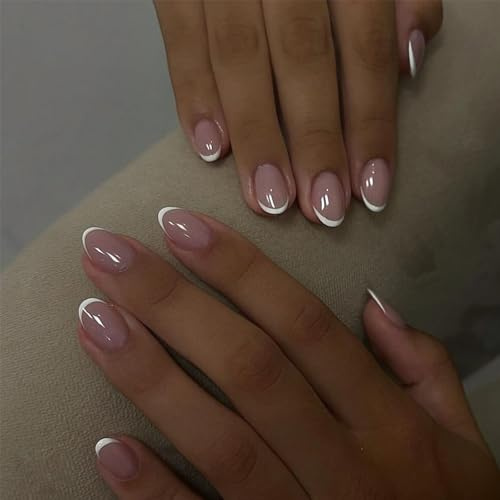 Almond False Nails - Short French Tip False Nails - 24pcs Pink Press On Nails French Tip - High Glossy Fake Nails With Glue - Full Cover Acrylic Stick On Nails For Women Girls