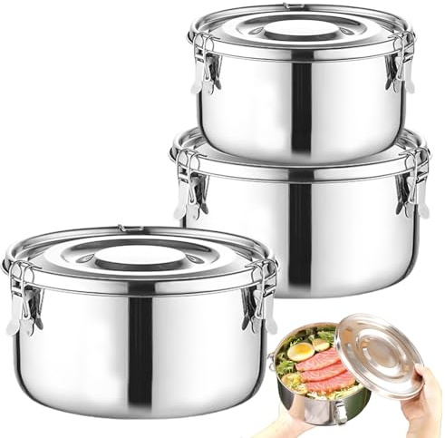 GOMETY Fiambrera de acero inoxidable, 3 unidades, a prueba de fugas, recipientes para alimentos con tapa, fiambrera para niños y adultos, adecuada para aperitivos, frutas, cereales, sopas, ensaladas