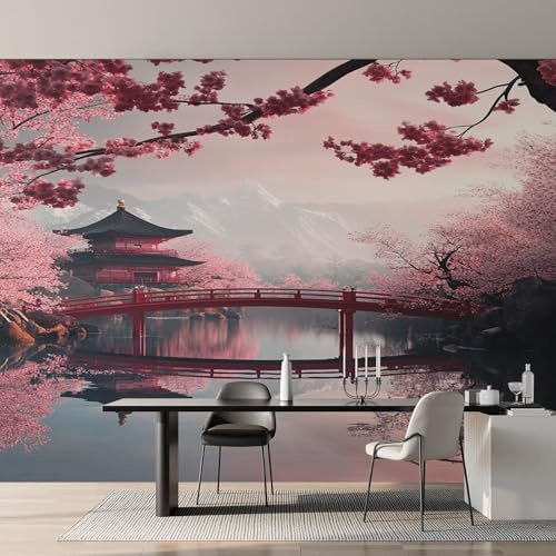 Générique Papier Peint Intissé Japonais, Papier Peint Panoramique Fleurs de Cerisier Torri Oriental pour Salon Chambre Bureau Couloir, Décoration Murale, 300 x 250 cm (L x H)