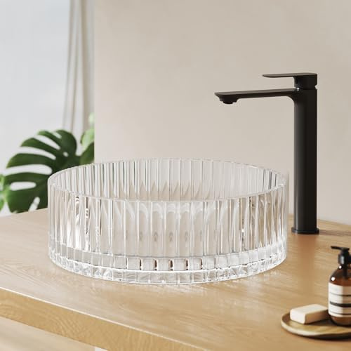 EMKE Lavabo de cristal redondo 40,0 × 40,0 × 12,0 cm – Diseño de cristal lavabo de gran volumen para baño y aseo de invitados, lavabo de mano sin agujero para grifo, transparente