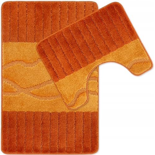 Decorator HOME - Badteppich Set 2-TLG. Terra-Blätter Orange 50x80 cm & 50x40 cm - rutschfeste Badematte aus Polypropylen 12 mm - weich waschbar saugfähig - Badezimmer Teppiche - Badvorleger