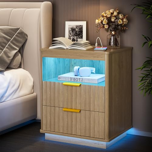 Vlsrka Nachttisch mit LED-Licht & Ladefunktion, Nachtschrank mit USB und Type-C Anschlüssen, Modern Nachtkästchen mit 2 Schubladen, Holz Nachttisch für Wohnzimmer Schlafzimmer, Holz