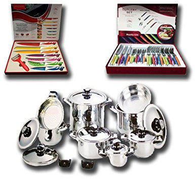 Batteria Pentole Composizione 50 Pezzi - Batterie di Pentole BAVARIA 18 Pezzi + Posate 24 Pezzi + Set 8 Pezzi Coltelli Royalty Line