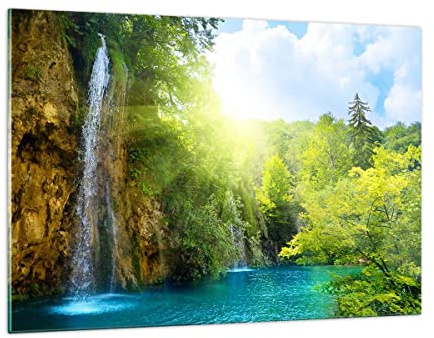 ARTTOR Tableau Décoratif en Verre 120x80cm Paysages Nature - 0157 | Cascade Forêt Ciel Impression sur Verre Grand Décoration Murale Art Mural Verre Trempé Salon Chambre Design Moderne ARTTOR