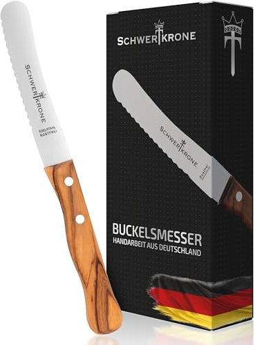 Schwertkrone Couteau à Beurre Premium en Bois d'Olivier, Lame Inoxydable Dentelée, Artisanat Allemand, Idéal Petit-déjeuner