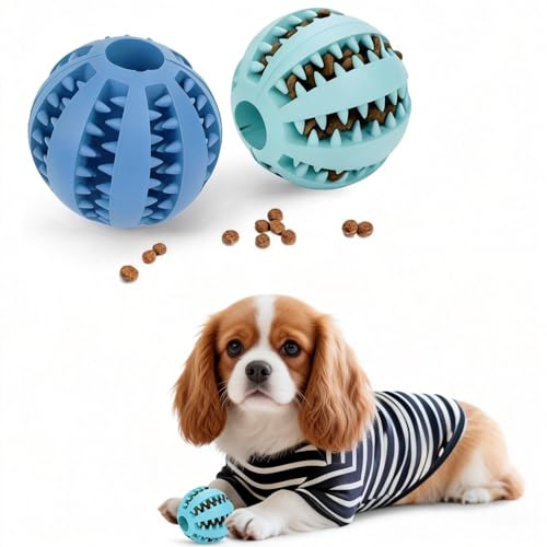DEWEL Set de 2 Pelota Perro, Bolas Interactivos para Perros, Juguete Dispensador de Golosinas para Mascotas, Pelota Dental Perro Indestructible de Caucho, Azul y Verde 5cm