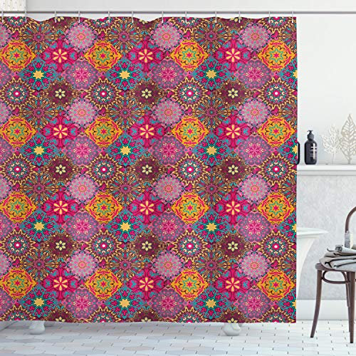 ABAKUHAUS Marokkanisch Duschvorhang, Vibrant Folk, Stoffliches Gewebe Badezimmerdekorationsset mit Haken, 175 x 200 cm, Magenta Mehrfarbig