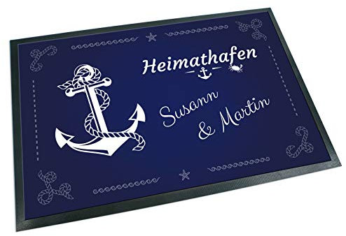 Unikatolo Fußmatte Anker Heimathafen mit Name personalisiert - Fußabtreter Dunkelblau für Familien & Paare zur Hochzeit, Einweihungsparty Familienname Ankerplatz Hausboot Dekoration (75 x 50 cm)