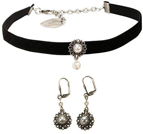 Alpenflüstern Trachtenschmuck-Set Trachten-Samt-Kropfband und Ohrhänger Helena - Damen-Trachten-Schmuck, Trachtenset Trachtenkette und Trachten-Ohrringe schwarz SET050