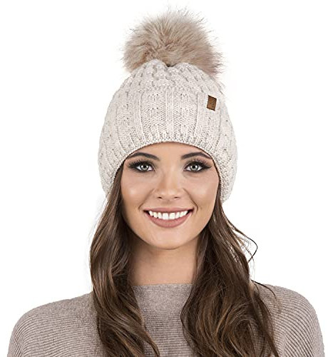 Vivisence Cappello Invernale da Donna con Pompon Realizzato in Filato Morbido E Caldo con Fodera Interna in Pile Antistatico vestibilità Comoda Ideale per l'inverno, Beige,Taglia Unica