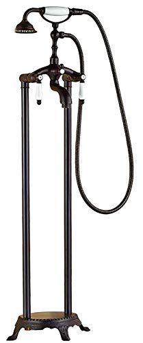 GLYYR Robinet de Baignoire sur Pied Rétro Bronze Noir Mitigeur de Baignoire Au Sol avec Douchette à Main, Laiton Mitigeur de Douche Ilot Autoportante Double Poignée Robinet de Douche,Black Bronze c