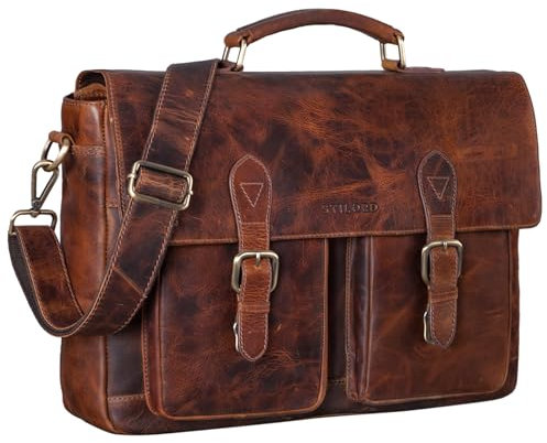 STILORD 'Owen' Laptop Aktentasche Leder Vintage Lehrertasche Schultertasche für MacBook 15 Zoll Satchel Bag Tasche zum Umhängen ideal für Business Büro Trolleys, Farbe:prestige - braun