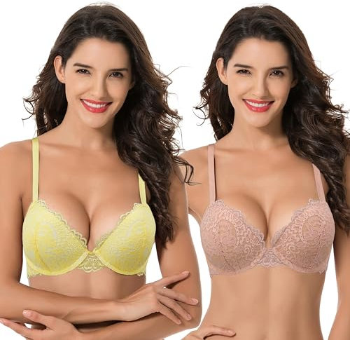 Curve Muse Women's Underwire Plus Size Push Up Add 1 and a Half Cup Lace Bras -2PK-Pink,Yellow-44D (EU:100D)