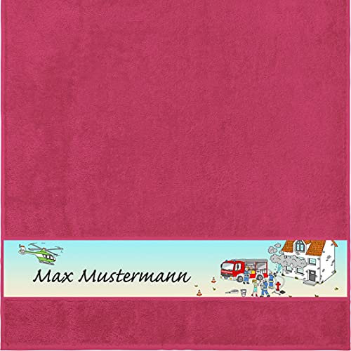 Manutextur Duschtuch Mit Namen - Personalisiert - Feuerwehr Motiv - Viele Farben - Dusch-Handtuch - Fuchsia - Größe 70x140 cm - Persönliches Geschenk Mit Wunsch-Name