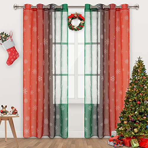 Weihnachts-Ombré-Vorhänge, rot-grüner Farbverlauf, Schnee-Druck, Gardinen, Vorhänge, Halb-Voile, lichtfilternde, Ösen-Vorhänge für Wohnzimmer und Schlafzimmer, 132 x 213 cm, 2er-Set Paneele