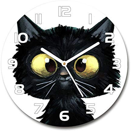 Tulup Glasuhr ⌀ 60cm - weißen Zeigern - Wanduhr Wandkunst Bild Gehärtetem Glas Uhr Echtglas Küche Wohnzimmer - Katzen-Illustration
