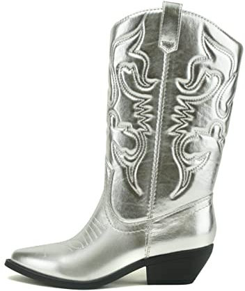 Soda Reno Westernstiefel für Damen, Cowboystiefel, spitzer Zehenbereich, kniehoch, zum Hineinschlüpfen, Silberfarbenes metallisches Polyurethan, 41 EU
