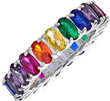 Bling Jewelry AAA Zirkonia LGBTQ Bunter Regenbogen Ovalschliff Mehrfarbiger CZ Eternity Ring Jubiläums Hochzeitsband für Damen .925 Sterlingsilber 5MM Stapelbare Ringe