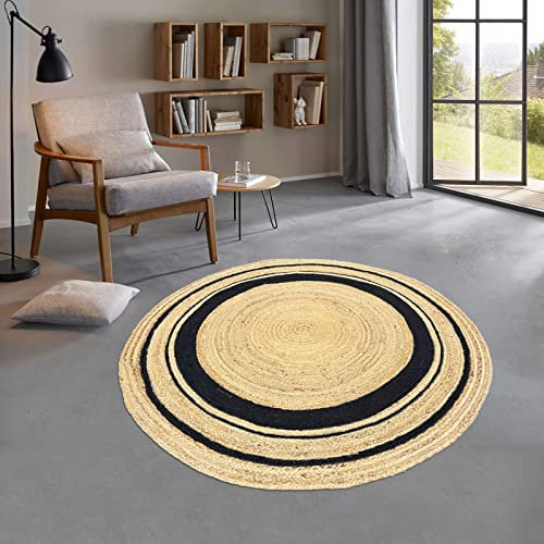 Taracarpet runder Jute Teppich Sisal Optik mit Bordüre Kurzflor Boho modern für Wohnzimmer Schlafzimmer nachhaltig Natur-Teppich Natur-schwarz 120 cm rund