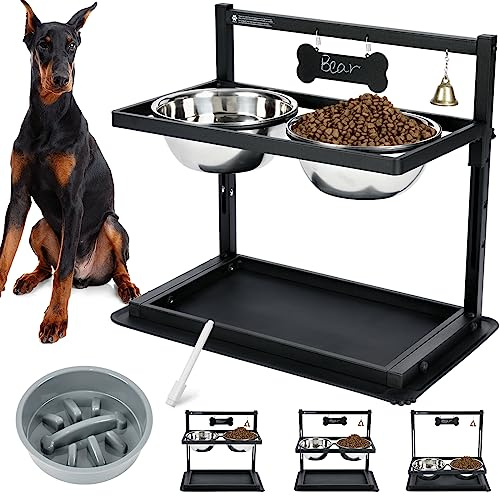 Elevated Dog Bowls with Slow Feeder,Raised Dog Bowls for Large Dogs Adjusable Height with 2 Stainless Steel Dog Food Bowls Spill Proof Mat, Dog Bowls for Large Medium Dogs and Cats.(Grey)