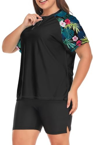 Inno Women's Plus Size 2 Piece Rash Guard Swimsuits Short Sleeve with Boyshorts UPF 50+ Surfing Swimwear 1X 2X 3X 4X 5X 6X, Zipper, Floral Black, 3X