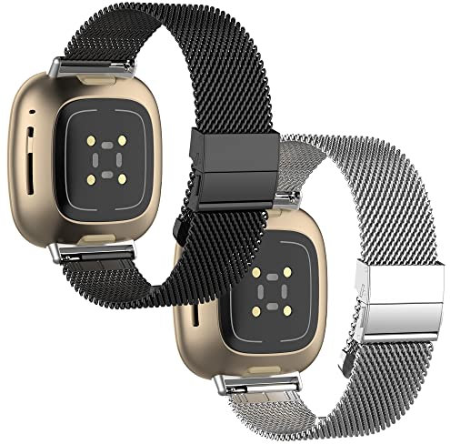 KUTEWEU Armbänder kompatibel mit Fitbit Versa 4/ Fitbit Versa 3, Damen & Herren Edelstahl Band Metall Uhrenarmbänder Armband für Fitbit Versa 4, Fitbit Versa 3 Smartwatch Zubehör (Silber+Schwarz)