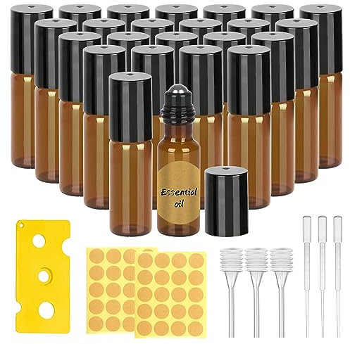 Roll On Glasflaschen für Ätherisches Öl, 24 Stück Roll On Flasche mit Edelstahl Roller, 5ml Leer Roller Flaschen mit Öffner, Tropfer, Strohhalm für Ätherisches Öl, Parfüm, Kosmetika, Massage (Braun)