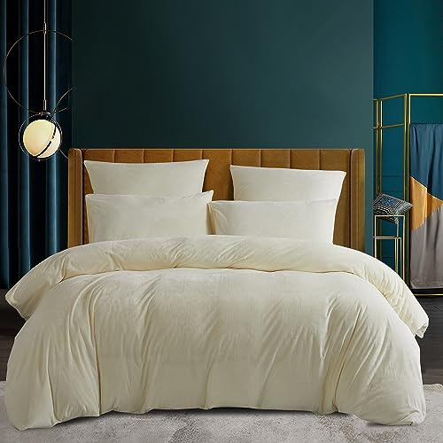 Housse de Couette Hiver 240x260 cm Blanc Beige Chaude Flanelle Toucher Cashmere Polaire Parure de Lit en Velours Doux avec Fermeture Éclair, Linge de Lit 2 Personnes avec 2 Taies d'oreiller 65x65 cm