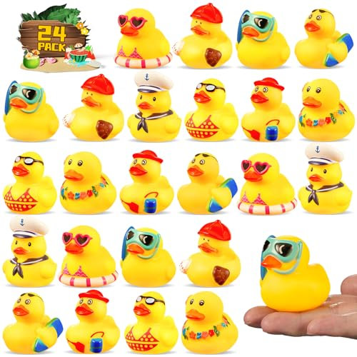 SCIONE 24 Stück Badeente Kinder Lustige Gummi Ente 5 cm Strand Gummiente mit Sommer Element inkl. Wiederverwendbare Masche Tasche Ostern Geschenke für Badewannen Gelb