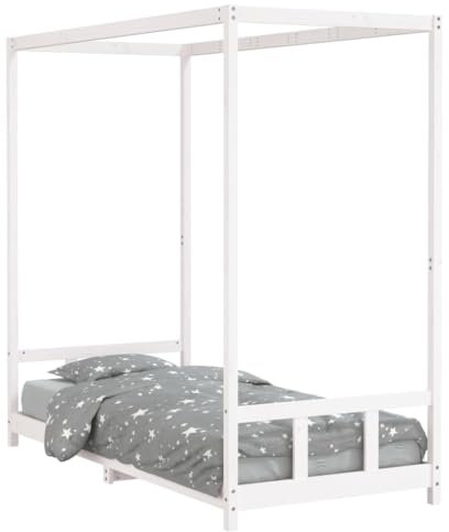 vidaXL Kinderbett, Kinder Bettgestell mit robusten Latten, Himmelbett für Kleinkinder ab 4 Jahren, Einzelbett Kinder Holzbett, Weiß 90x200 cm Massivholz Kiefer