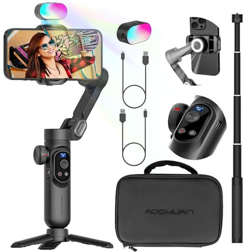 AOCHUAN Professional 3-Axis Gimbal Stabilizer for Smartphone w/RGB Fill Light Extension Rod OLED Display Wireless Charging for iPhone 15 14 13 Pro/Max Galaxy S22 TikTok YouTube (Smart X Pro Combo1)