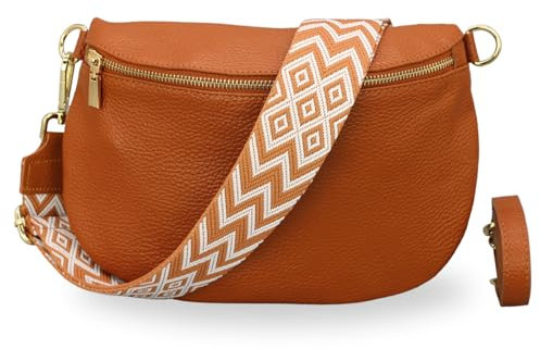 BRISE Bauchtasche Damen Echtleder AFIA Gold Handgemachte Umhängetasche Crossbody Bag mit Ledergurt + Optionalen Breiten Gemusterten Riemen 3 Fächer Hüfttasche Made in Italy (Cognac Braun-Gold 3)